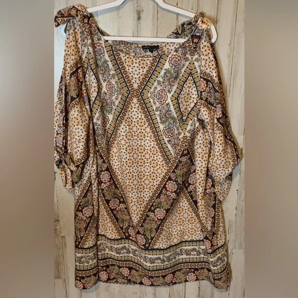 Bebop Knotted sleeves shoulder Beige Pink + Floral Flower Dress Size 3X - Picture 1 of 16